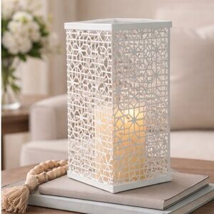 White Metal Candle Holder 10” Tall Cut-Out Geometric Candle Holder Centerpiece